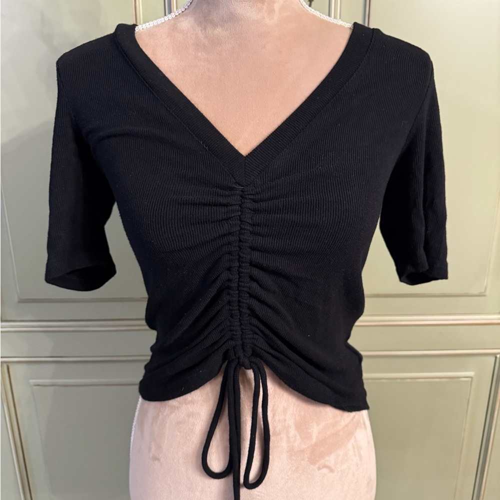 Black Ruched Crop Blouse with Tie Front